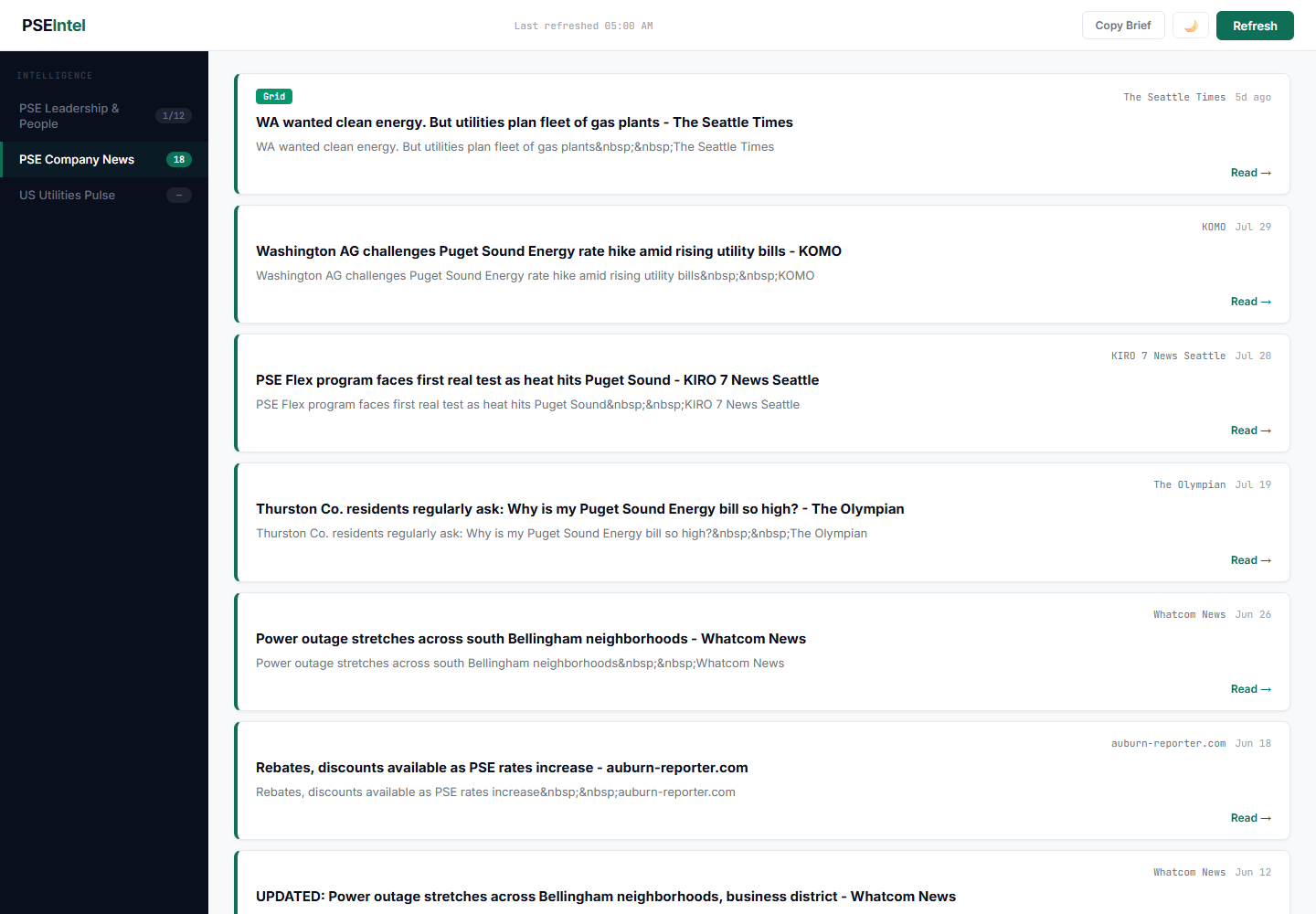 PSE Intel public dashboard with a utility-sector news digest and leadership intelligence